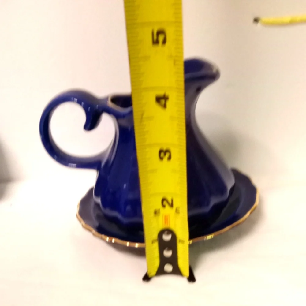 Cobalt Blue Rib Pitcher, Peacock Bird, Floral Pattern & Saucer 4.5